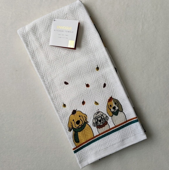Dog Print Fall Autumn Leaves Theme Kitchen Towel Set Of Two White Multi NWT - Picture 2 of 15
